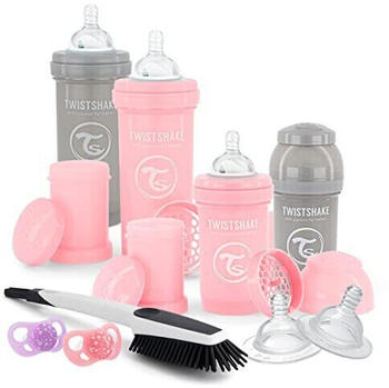 Twistshake Neugeborenen Anti-Colic Set: 4 x Trinkflaschen - 2 x Nuckel - 2 x Sauger und Flaschenbürste Pink Grey