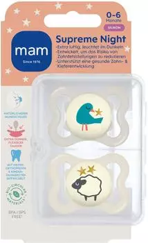MAM Supreme Night Schnuller Silikon 0-6 Monate, Vogel/Schaf, 2 St&uuml;ck (100016886)