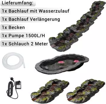 Köhko Bachlauf "Saale" Schiefer-Optik mit Moosbewuchs, 3-teiliges Set mit Becken und Pumpe (14001Set-14005)