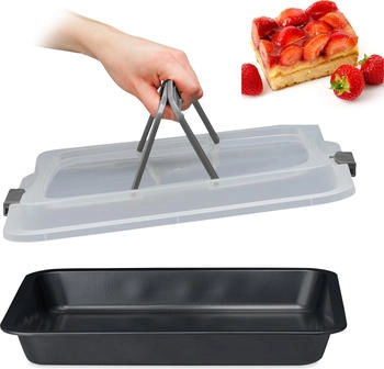 Relaxdays Backblech mit Deckel, 3in1 Kuchen Transportbox, BxT 40,5 x 32,5 cm, rechteckige Backform, Transporthaube, grau