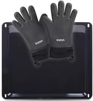 VIOKS Backblech emailliert 422x370x23mm + 2 Silikon-Ofenhandschuhe (353193923/3)