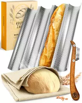 Krustenzauber Baguette Backform (4 Mulden) + Bäckermesser + Bäckerleinen