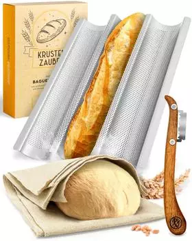 Krustenzauber Baguette Backform (3 Mulden) + Bäckermesser + Bäckerleinen