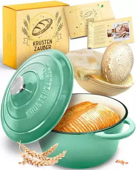 Krustenzauber Gusseisen Emaille Brotbacktopf 4,7l mit G&auml;rkorb Mintgr&uuml;n