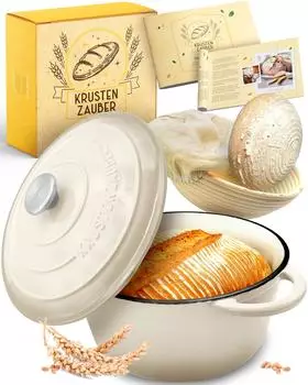 Krustenzauber Gusseisen Emaille Brotbacktopf 4,7l mit Gärkorb Creme