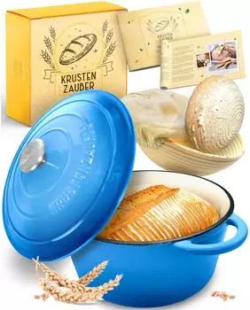 Krustenzauber Gusseisen Emaille Brotbacktopf 4,7l mit Gärkorb Blau