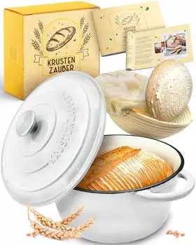 Krustenzauber Gusseisen Emaille Brotbacktopf 4,7l mit Gärkorb Weiß