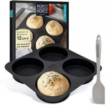 Moritz & Moritz Backform Brot & Burger Silikon, rund 12cm &Oslash;, inkl. Teigschaber & Rezeptheft (2LE0906-CF-390)