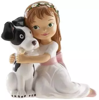 Dekora Design Erstkommunion Tortenfigur Mädchen mit Hund, Kunstharz, 11,5cm (315122)