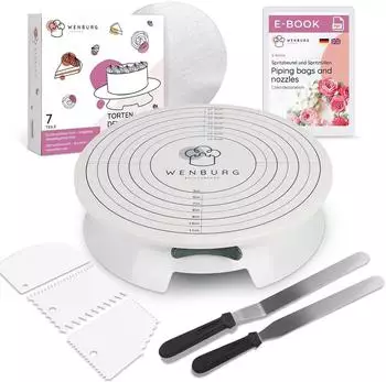 DS Produkte Tortenplatte drehbar Set mit Spritzbeutel, Streichpalette & Teigschaber