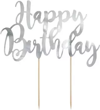 PartyDeco Cake Topper "Happy Birthday" silber 22,5cm (KPT11-018M)