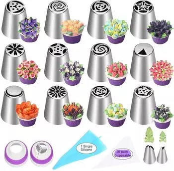 LuxusKollektion Spritzt&uuml;llen-Set Edelstahl, 12 Blumen- & 2 Bl&auml;tter-Aufs&auml;tze mit Zubeh&ouml;r