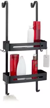 Relaxdays Duschablage zum H&auml;ngen, 2 K&ouml;rbe, 8 Haken, Aluminium, schwarz (10039937_46)