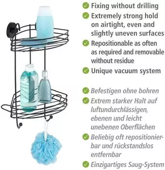Wenko Vacuum-Loc Eckregal 2 Etagen, Metall, schwarz (24733100)