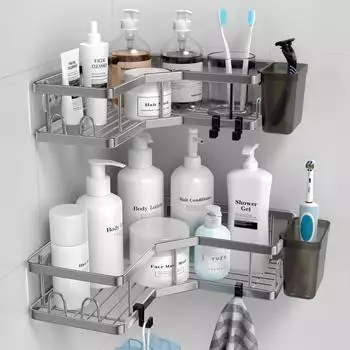LuxusKollektion Duschablage selbstklebend, Edelstahl, grau, 4 Haken