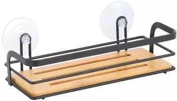 MSV Duschablage ohne Bohren, Stahl & Bambus, matt schwarz (MSV23-142663)