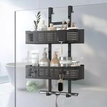 LuxusKollektion Duschablage h&auml;ngend ohne Bohren, Doppels&auml;ulen-Design, h&ouml;henverstellbar, schwarz, Metall