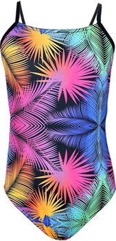 Aquarti Mädchen Badeanzug Streifen Chlorresistent Bunte Blätter schwarz pink orange