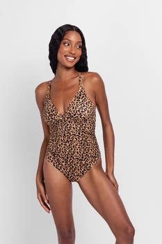 Dorina Como Badeanzug mit tiefem V-Ausschnitt und seitlicher Raffung leo-print