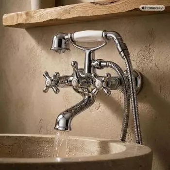 PaulGurkes Nostalgie Retro Wannenarmatur Zweigriffmischer mit Duschkopf (PG27T4-1304)