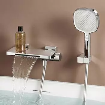 doporro DSN-403 Wannenarmatur Wasserfall mit Handbrause, Vollmessing, silber (DSN-403)