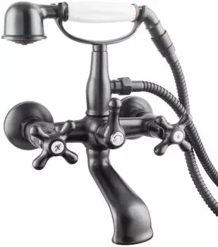 PaulGurkes Nostalgie Wannenarmatur schwarz-Messing, Handbrause, Kreuzgriffe, 150mm Lochabstand
