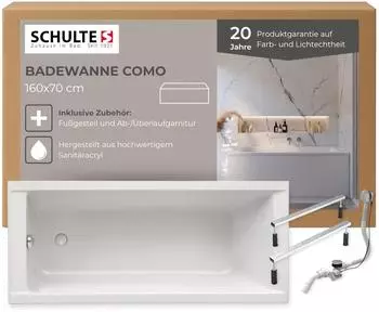 Schulte Como Rechteck-Badewanne 160x70cm, Sanitäracryl weiß, mit Fußgestell und Ablauf (D281361670-EC)