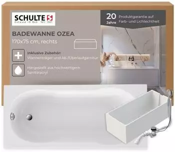 Schulte Ozea Rechteck-Badewanne Acryl weiß glänzend 170x75cm mit Wannenträger und Ablauf (D282351775-EC)