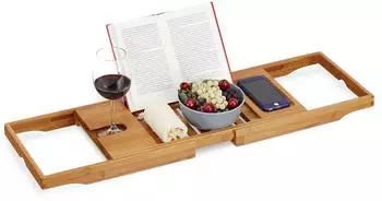 Relaxdays Badewannenablage XL, Bambus, ausziehbar 70-105cm, mit Buchst&uuml;tze & Tablethalter (10027796)