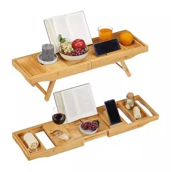 Relaxdays Badewannenablage & Tablett 2in1, ausziehbar 74,5-114cm, Bambus (10025728)