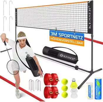 Kesser Badminton- & Tennisnetz 3-fach höhenverstellbar, Set mit Gestell & Transporttasche