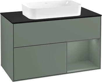 Villeroy & Boch Finion Waschtischunterschrank F252GMGM 100x60,3cm, Abdeckplatte black matt, Regal rechts Olive Matt Lacquer, Olive Matt Lacquer