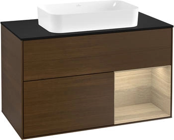 Villeroy & Boch Finion Waschtischunterschrank F252PCGN 100x60,3cm, Abdeckplatte black matt, Regal rechts Oak Veneer, Walnut veneer