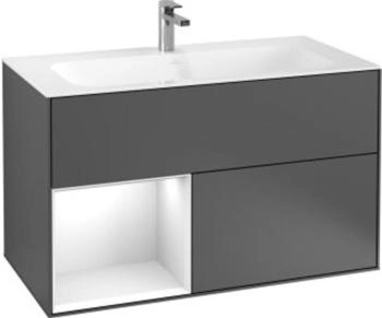 Villeroy & Boch Finion Waschtischunterschrank G030GMGF 99,6x59,1cm, Wandbeleuchtung, Regal links Olive Matt Lacquer, Glossy white lacquer