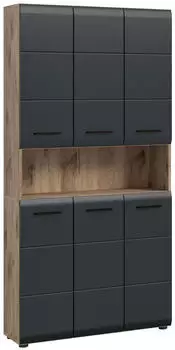 xonox.home Ice Badschrank Hochschrank 6 T&uuml;ren, Eiche/Schwarz matt, 90x185x30cm (X86N8714)