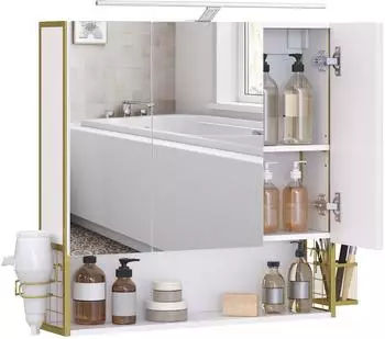 Vasagle Spiegelschrank Bad mit LED-Beleuchtung, 70x70cm, wolkenwei&szlig;-gr&uuml;ngold (BBK124A10)