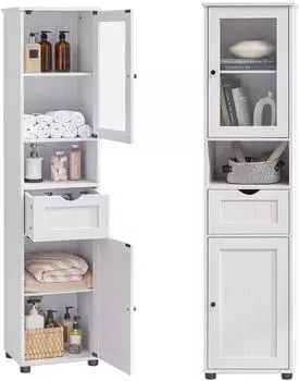 Vasagle Badschrank freistehend schmal Glastür offenes Fach (BBK163T44)