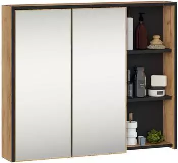 Akord Furniture Factory VAMI Badezimmer-Hängeschrank mit Spiegel, 2 Türen, Craft Eiche & schwarz, 90x75x15cm (HANGEVAMIW902D3PLOCRASCH)