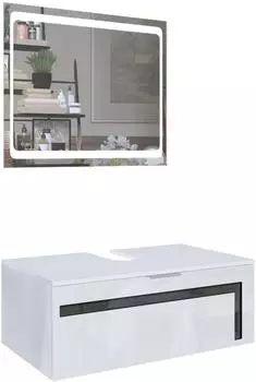 Vladon Aloha V2 Waschbeckenunterschrank mit LED-Spiegel, wei&szlig; matt/wei&szlig; hochglanz, Absetzung schwarz hochglanz (96x36x51cm)