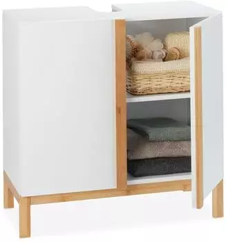 Relaxdays Waschbeckenunterschrank MDF & Bambus, 2 F&auml;cher, 60,5x60x30,5cm, Wei&szlig;/Natur (10025015)