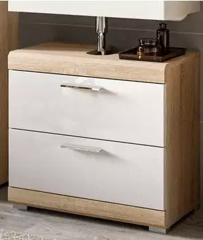 Inn.Furn Mambo Waschbeckenunterschrank Wei&szlig; Hochglanz/Eiche 60cm, 2 Schubladen