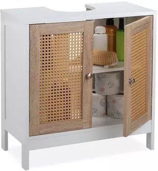 Relaxdays Waschbeckenunterschrank MDF, Rattan-T&uuml;ren, wei&szlig;/natur, 60x61,5x30cm (10035343)