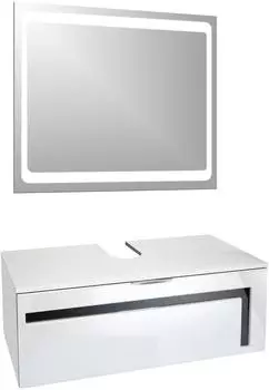 Vladon Aloha V2 Waschbeckenunterschrank mit LED-Spiegel, wei&szlig; matt/wei&szlig; hochglanz, Absetzungen schwarz hochglanz (96x36x51cm)
