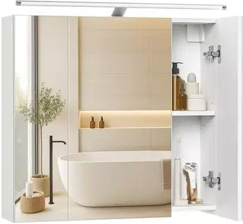 Vasagle Spiegelschrank mit Beleuchtung, 3 Türen, weiß, 60x55x15cm