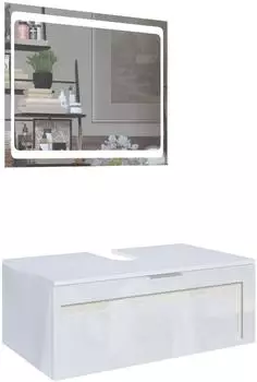 Vladon Aloha V2 Waschbeckenunterschrank mit LED-Spiegel, wei&szlig; matt/wei&szlig; hochglanz, Absetzungen creme hochglanz (96x36x51cm)
