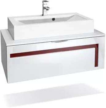Vladon Aloha V2 Waschbeckenunterschrank mit Waschbecken und Armatur, wei&szlig; matt/wei&szlig; hochglanz, Bordeaux hochglanz (96x36x51cm)