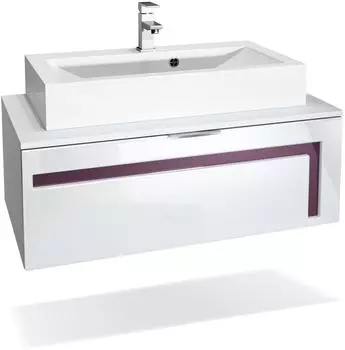 Vladon Aloha V2 Waschbeckenunterschrank mit Waschbecken und Armatur, wei&szlig; matt/wei&szlig; hochglanz, Brombeer hochglanz (96x36x51cm)
