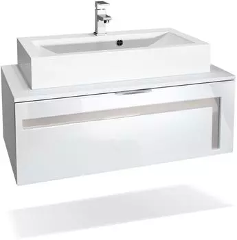 Vladon Aloha V2 Waschbeckenunterschrank mit Aufsatzwaschbecken und Armatur, wei&szlig; matt/wei&szlig; hochglanz, sandgrau (96x36x51cm)