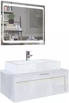 Vladon Aloha V2 Waschbeckenunterschrank mit LED-Spiegel, weiß matt/weiß hochglanz, Creme-Absetzungen (96x36x51cm)