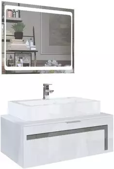 Vladon Aloha V2 Waschbeckenunterschrank mit LED-Spiegel, weiß matt/weiß hochglanz, 96x36x51cm (50005486)